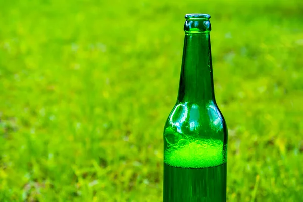 Botella Abierta Una Cerveza Fondo Hierba —  Fotos de Stock