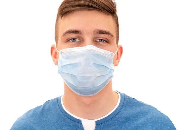 Porträtt Unge Man Influensmask Isolerad Den Vita Bakgrunden — Stockfoto