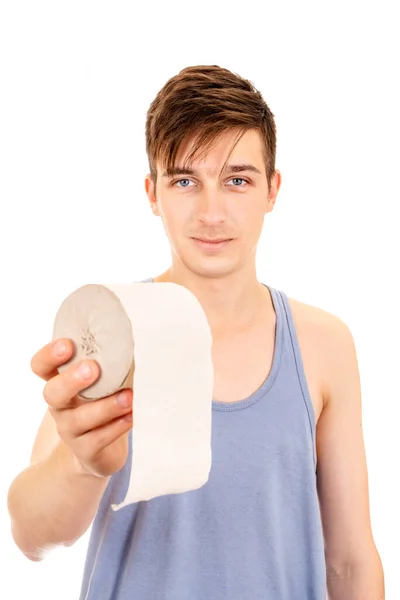Молодой Человек Майке Держит Туалетную Бумагу Изолированную Белом Фоне — стоковое фото