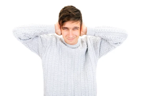 Nešťastný Mladý Muž Zavřít Uši Jeho Ruce Izolované Bílém Pozadí — Stock fotografie