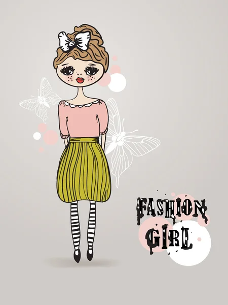 Tarjeta Vintage con linda chica dibujada a mano sobre fondo pastel — Vector de stock