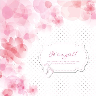 Bebek kız duş kartı. Ayak sesleri, çiçekler ve mesajın için çerçeve.
