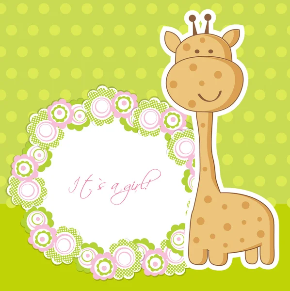 Baby meisje douche kaart met schattige giraffe en frame voor uw tekst — Stockvector