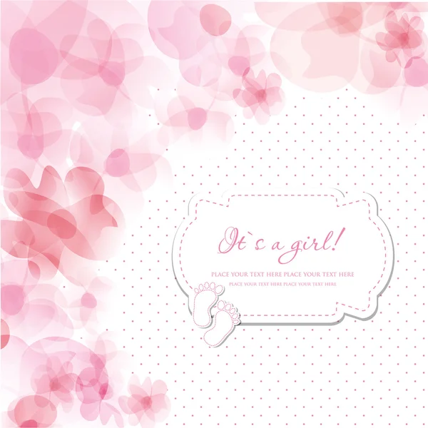 Bebek kız duş kartı. Ayak sesleri, çiçekler ve mesajın için çerçeve.