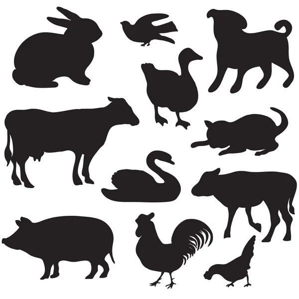 Silhouetten handgezeichneter Nutztiere. Hund, Katze, Ente, Kaninchen, Kuh, Schwein, Hahn, Henne, Schwan, Welpe, Kätzchen. — Stockvektor