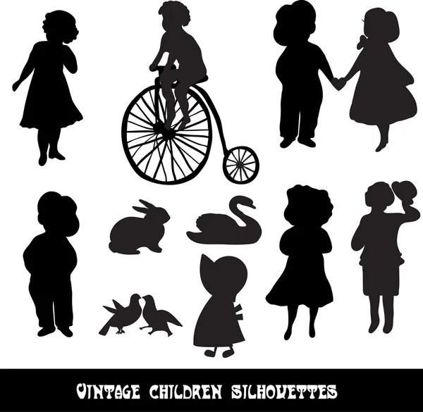 Ensemble de silhouettes vintage pour enfants et animaux — Image vectorielle