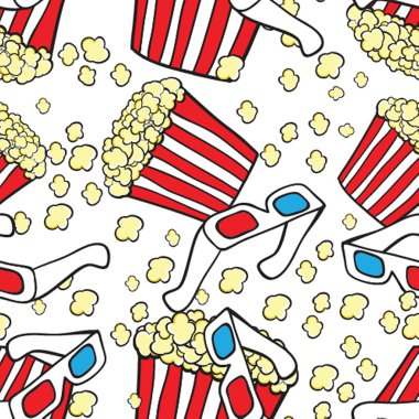 Patlamış mısır ve 3D gözlük. Sinema konsepti arka planı