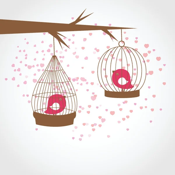 Carte vintage avec deux oiseaux mignons dans des cages rétro — Image vectorielle