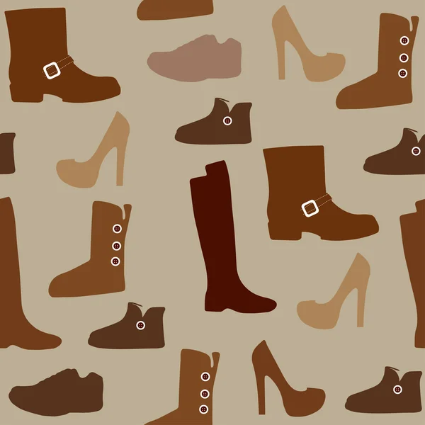 Seamless pattern with different kind of shoes. Boots, heels, shearling boots, riding boots and more. — Stock Vector