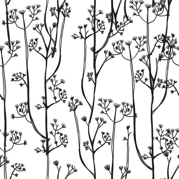 Fond blanc et noir avec des plantes abstraites, motif sans couture — Image vectorielle