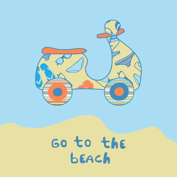 Zomer illustratie met scooter op het strand kant. — Stockvector