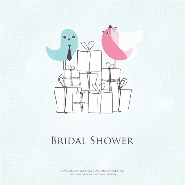 Invitation de douche nuptiale avec deux oiseaux mignons en costumes de mariée et marié assis sur les boîtes cadeaux — Image vectorielle