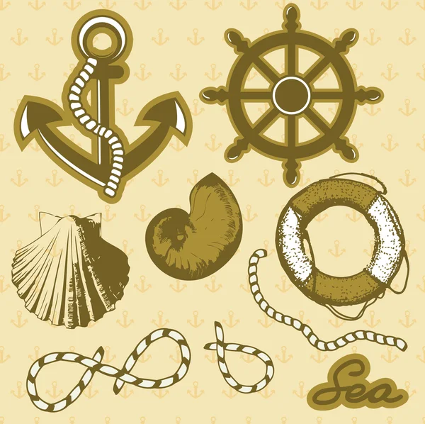 Vintage marine elements set. Includes anchor, rope, wheel, and shells. — Stock Vector