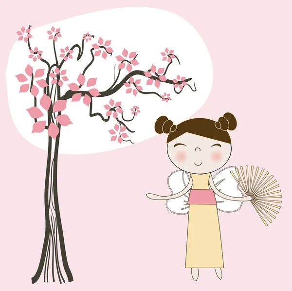 Asiatique fille sous printemps arbre floral. Vecteur . — Image vectorielle