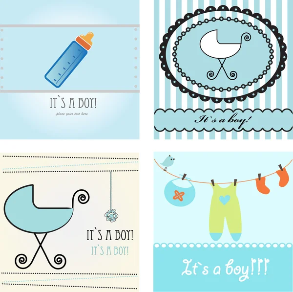 Baby boy arrival announcement retro cards set. Vector illustration. — Stock Vector