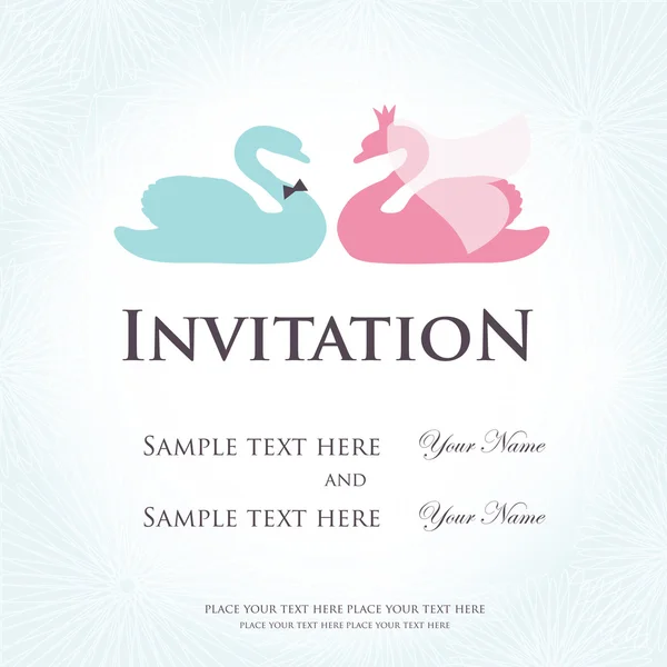 Wedding invitation with two cute swan birds in bride and groom costumes — Stock Vector