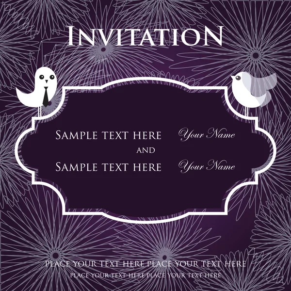 Wedding invitation with two cute swan birds in bride and groom costumes — Stock Vector