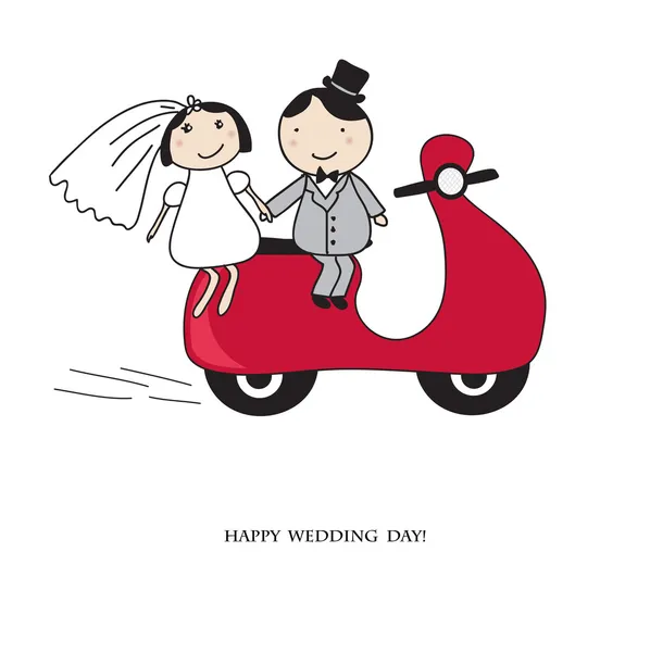 Bride and groom on the red scooter. — Stock Vector