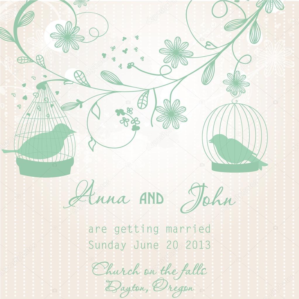 Wedding invitation with two cute birds in cages