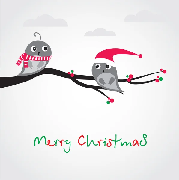 Tarjeta de felicitación navideña con pájaros en la rama del árbol — Archivo Imágenes Vectoriales