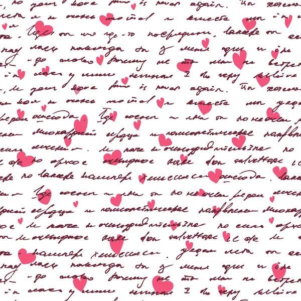 Fondo de amor con texto dibujado a mano sin costuras y corazones pequeños . — Archivo Imágenes Vectoriales