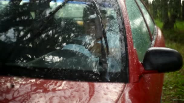Auto v dešti s stěračů včetně — Stock video