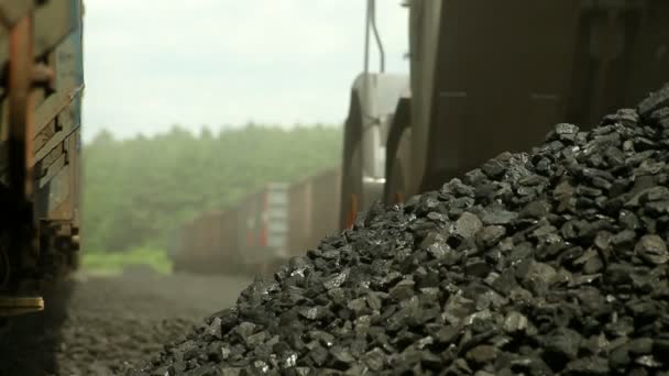 Escavatori che scaricano carbone da un treno merci — Video Stock