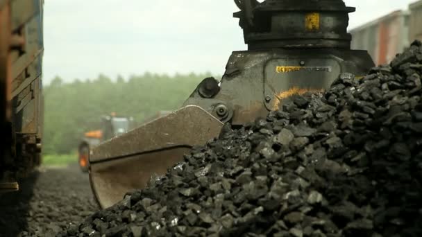 Excavadoras, descarga de carbón de un tren de carga — Vídeos de Stock