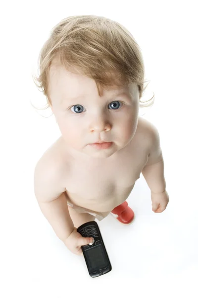 Niño divertido con un teléfono — Foto de Stock