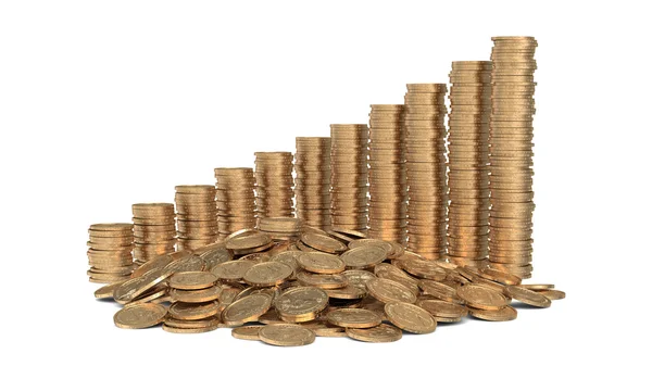 Heap of coins with diagram of golden coins — Stock Photo, Image