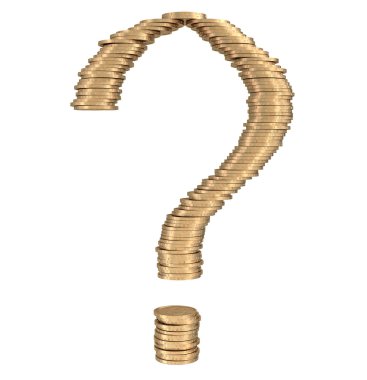 Question mark of golden coins on white