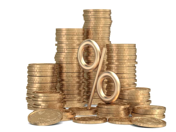 Stack of golden coins with sign of percents — Stock Photo, Image