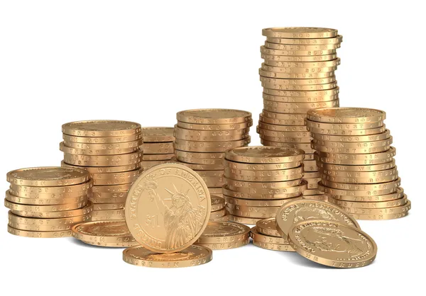 Stacks of golden dollar coins on white — Stock Photo, Image