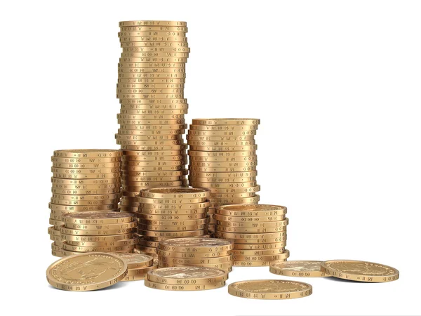 Pilhas de moedas de dólar dourado no fundo branco — Fotografia de Stock