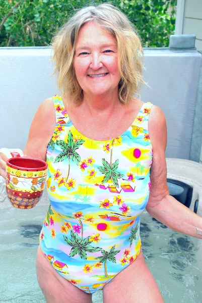 Mature Female Senior Expressions Relaxing Hot Tub Outdoors — Stock Photo, Image