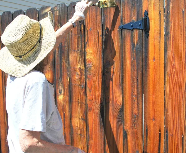 Maturo Femminile Anziano Pittura Cancello Legno Fuori — Foto Stock