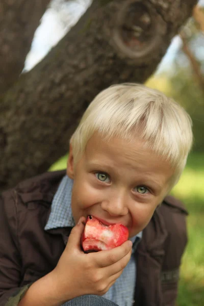 Niño de 6 años comiendo manzana roja — Foto de Stock