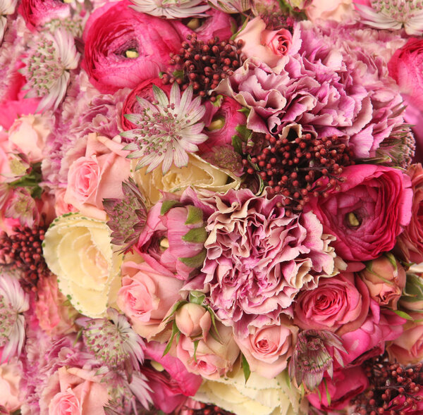 Close-up of wedding bouquet with Astrantia, Skimma, Brassica, ro