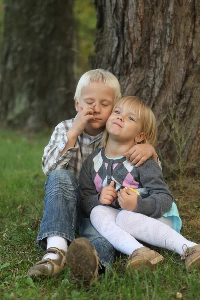 Двоє дітей сидять під деревом — стокове фото