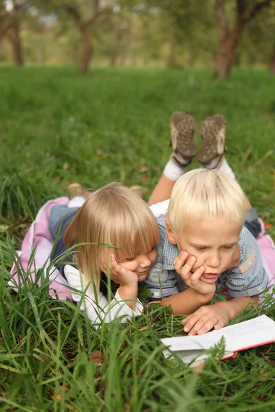 Блондинка 6-річний хлопчик і 4-річна дівчинка читає книгу, що лежить на — стокове фото