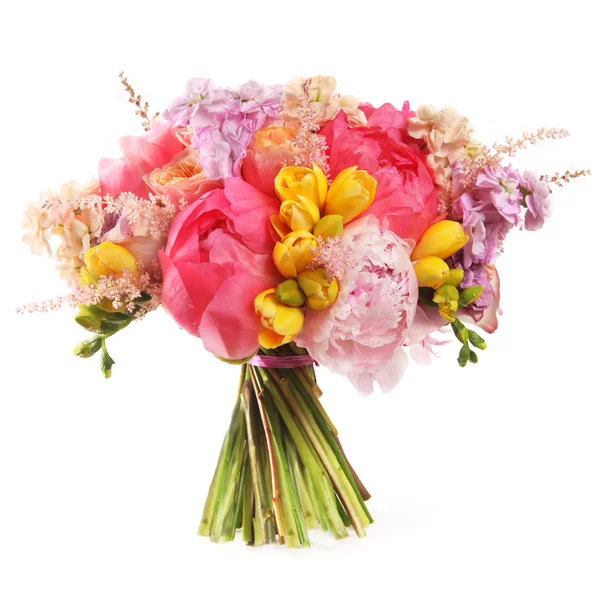 Wedding bouquet with pink peony and yellow tulips — Stock Photo, Image