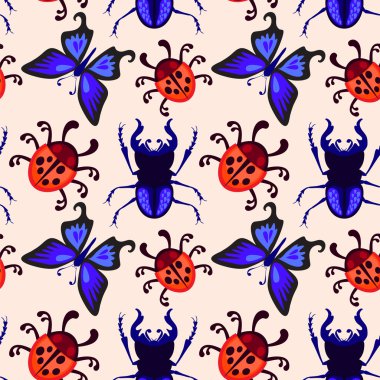 Stag beetle, kelebek ve uğur böceği seamless modeli