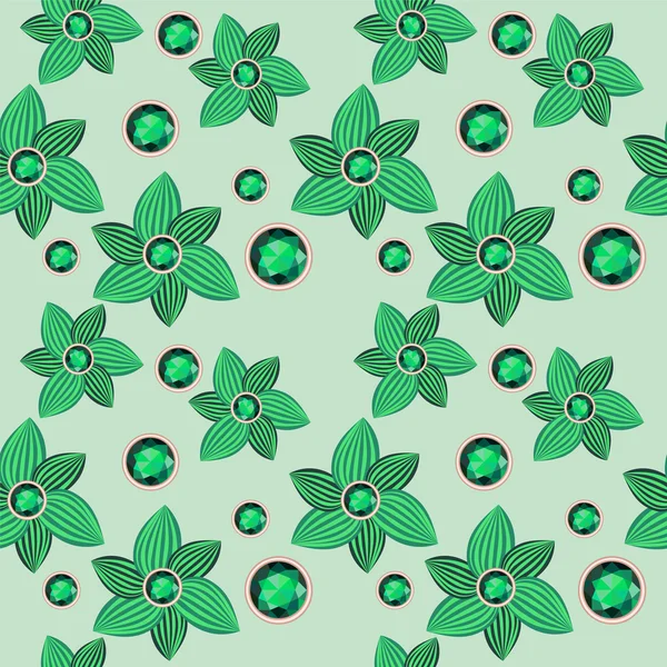 Green flower with emerald seamless pattern — Stock Vector