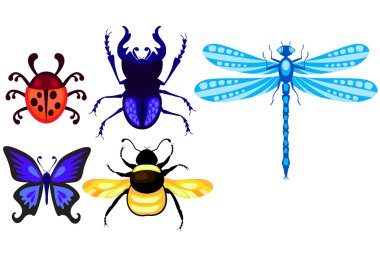 Stag beetle ve yusufçuk ve uğur böceği ve kelebek ve arı ayarla