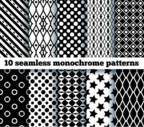 10 seamless monochrome patterns. EPS10, no gradient, no transpar — Stock Vector
