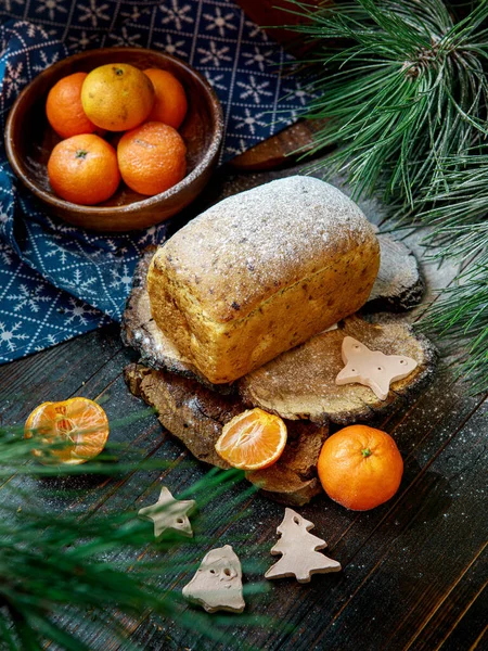 Christmas Picture Christmas Bread Stollen Background Tangerines — Stock Photo, Image