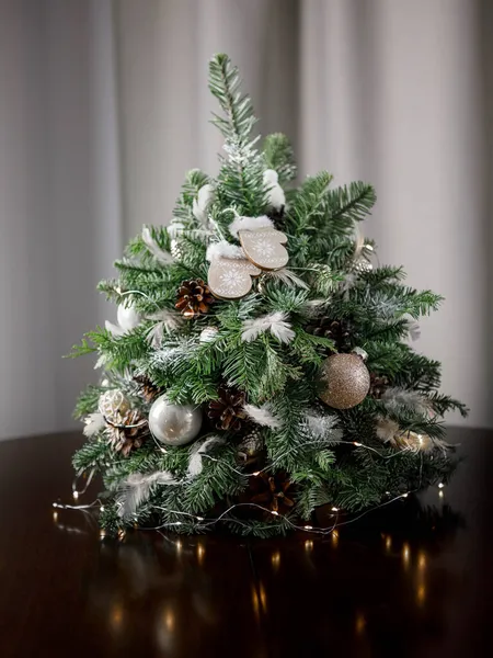 Christmas Tree Made Natural Branches Christmas Balls Wooden Table Background — Stock Photo, Image