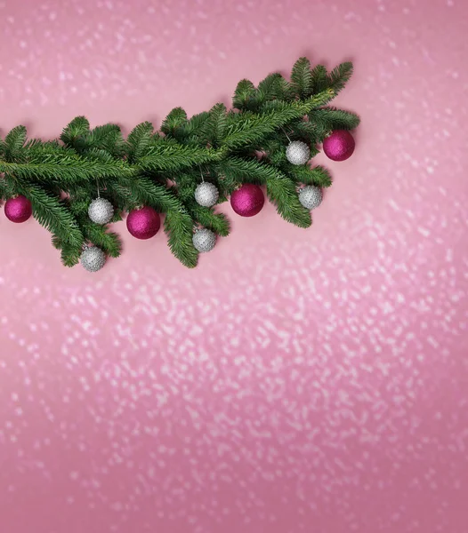 Branches Christmas Tree Balls Pink Background — Fotografia de Stock