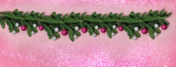 Spruce Branch Christmas Balls Pink Background Royalty Free Stock Photos