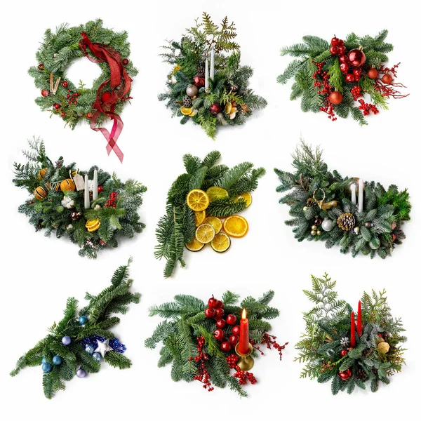 Set Photos New Year Theme Christmas Wreath Compositions Candles Christmas — стокове фото